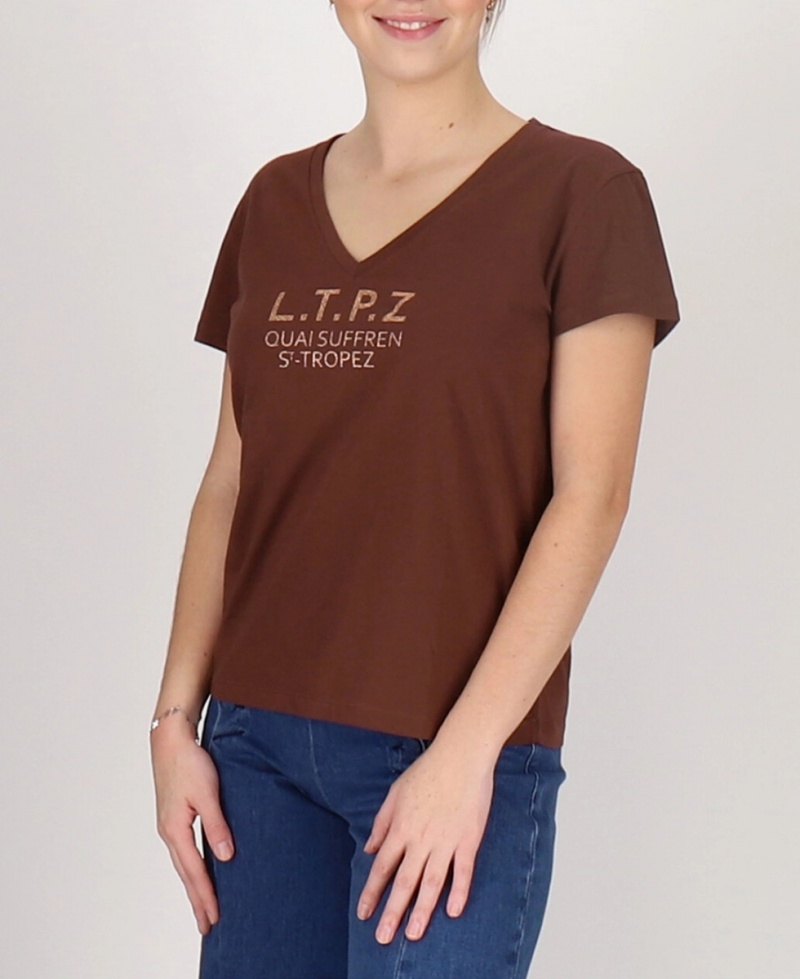 T-Shirt Les Tropeziennes CRYOSOL Corta Sleeve V-neck Chocolat Femme|XCGD-82969117